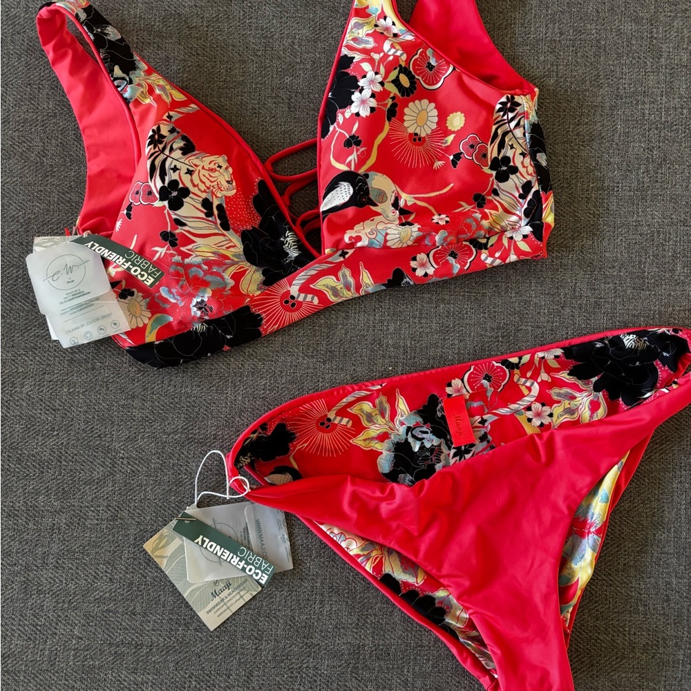 Maaji Red Floral Bikini Set XL Top and L Bottom